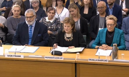 Prof Alexis Jay, Ivor Frank and Drusilla Sharpling sit behind a table in Portcullis House.