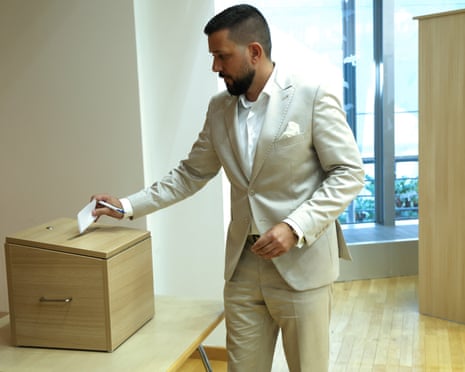 Alternative for Germany (AfD)'s Tobias Rausch casts his vote for the next President of the State Parliament during the constitutive session of Saxony-Anhalt's new state parliament, in Magdeburg, Germany.