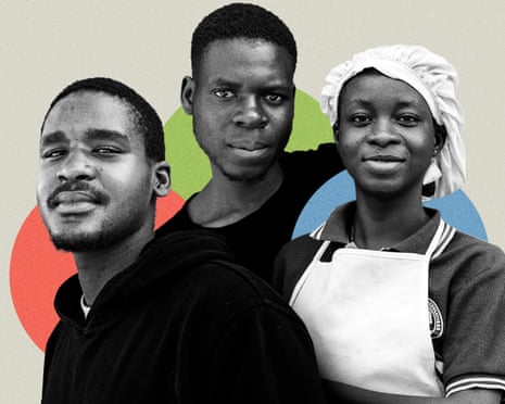 Two young African men and a young African woman look at the camera with tentative smiles