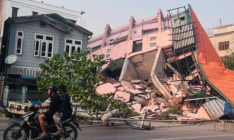 A collapsed building in Mandalay on 28 March 2025 following a 7.7-magnitude earthquake