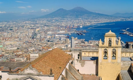 View over Naples and its bay towards Mount Vesuvius.