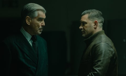 Pierce Brosnan as Conrad Harrigan and Tom Hardy as Harry Da Souza in the opening episode of MobLand (Paramount Plus).