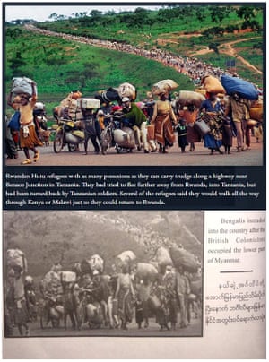 The image of Hutus fleeing Rwanda in 1996 (top) taken by Martha Rial for the Pittsburgh Post-Gazette appears in the Myanmar army’s recently published book, purporting to show Rohingya entering the country.