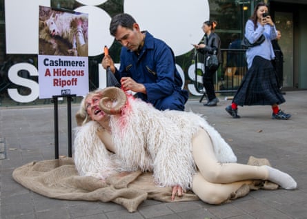 Ingrid Newkirk, founder and president of Peta (People for the Ethical Treatment of Animals), dressed as a goat, and another member, posing as a worker, protest against the treatment of goats during cashmere production. At London fashion week, September 2025
