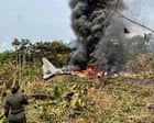 Wreckage burns at site of fatal Colombian military plane crash – video