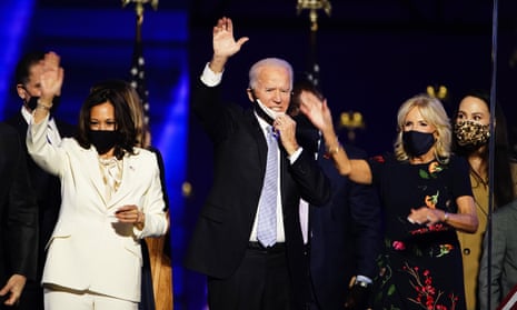 Left to right, vice president-elect Kamala Harris, president-elect Joe Biden and first lady designate Jill Biden after Biden’s victory speech.