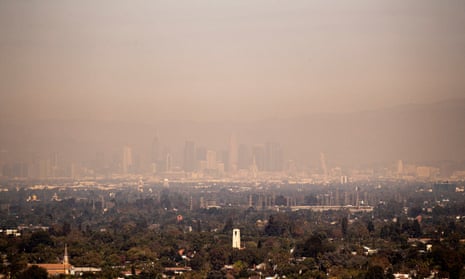 Downtown Los Angeles covered with smog from numerous fires burning in California in 2021.