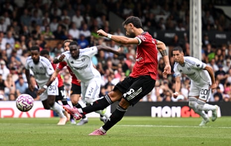 Manchester United's Bruno Fernandes misses a penalty kick.