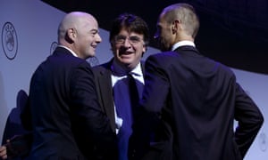 Aleksander Ceferin (right) with Gianni Infantino, president of Fifa, and Theodore Theodoridis, general secretary of Uefa.