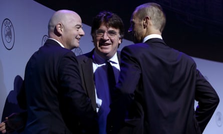 Aleksander Ceferin (right) with Gianni Infantino, president of Fifa, and Theodore Theodoridis, general secretary of Uefa.