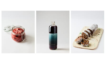 Belfrage’s. pickled onions, Vault non-alcoholic aperitivo, and chocolate salami.