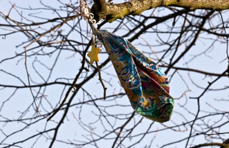A deflated helium balloon caught in a tree.