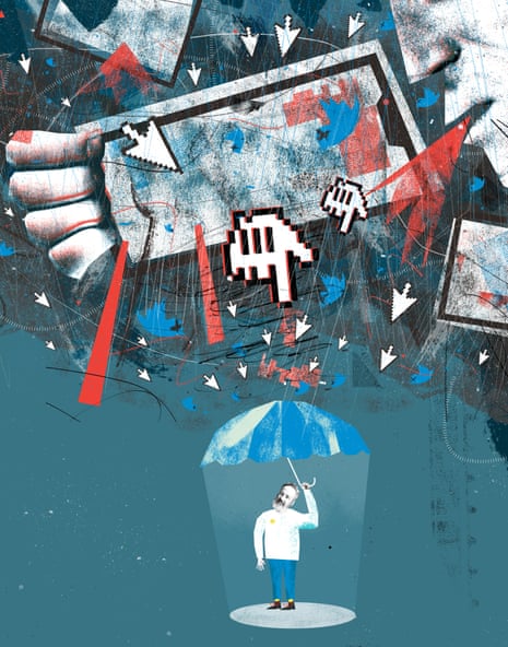 Illustration of Chris Jones holding up an unbrella, above which is a stormy choatic mass of wires, twitter symbols, arrows and emoji hands pointing