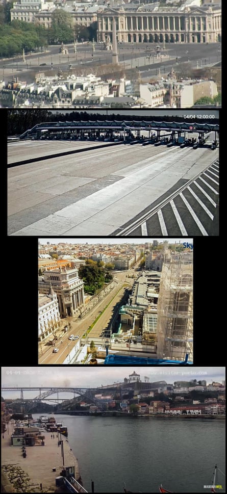 Place de la Concorde, Paris; A6 highway tollbooth, Melun, France (camera directed towards Lyon); Calle de Alcalá, Madrid, Spain; Porto, Portugal