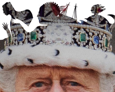 A silhouette of people representing the enslaved holds a large image of King Charles wearing the crown.
