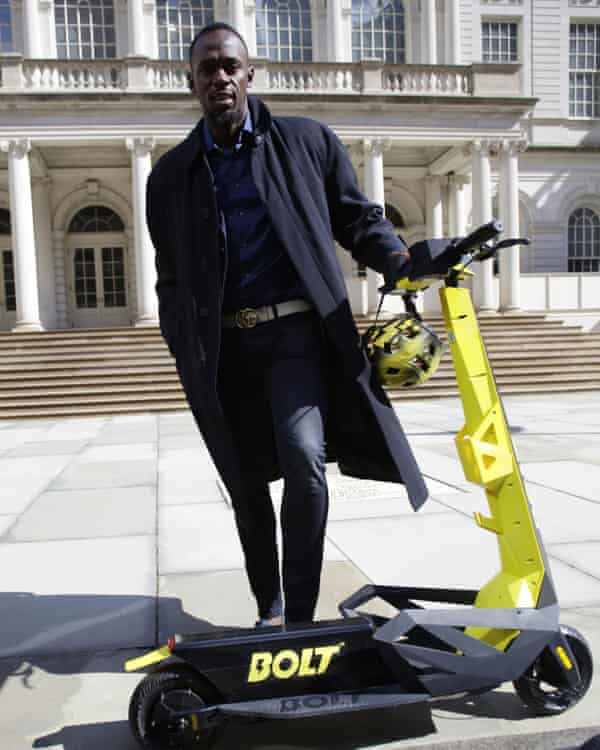 Olympic champion Usain Bolt unveils his own brand of electric scooter in New York.