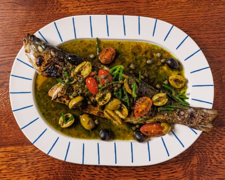 Vieni’s barbecued whole sea bass, with courgette and basil