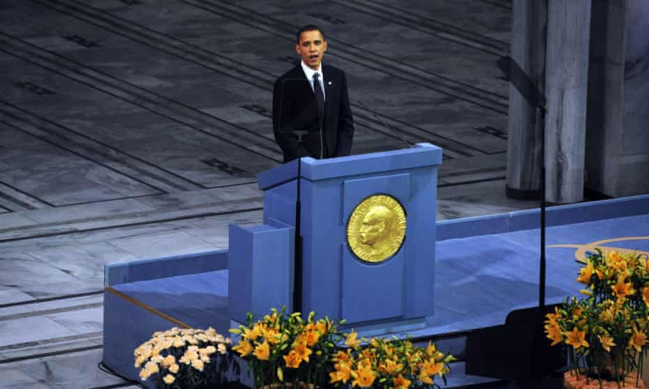 Obama at the Nobel prize ceremony in Oslo in 2009.