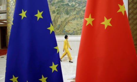 EU and China flags at a Beijing meeting in 2018