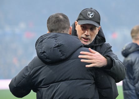 Philippe Clement (right) greets his Birmingham counterpart Chris Davies before the game.