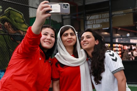 Melbourne Victory Afghan women’s team captain, Fatima Yousufi (left), Malala Yousafzai and Khalida Popal, director of the Afghan women’s team
