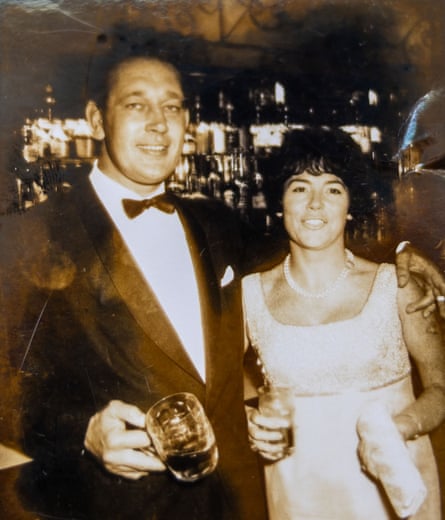 Black and white photograph of the parents of Fiona Collier in the 1960s, him in black ties, her in a dress, looking very glamorous