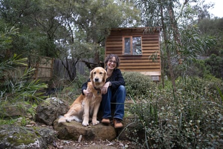 Zana Fraillon, with the converted cubby that is now her writing room at home in Melbourne.