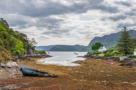 A view of a loch and mountains near the Plockton Inn, Scotland
