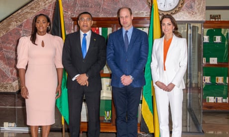 The prime minister of Jamaica, Andrew Holness, and his wife, Juliet, greet the Duke and Duchess of Cambridge in Kingston, Jamaica.