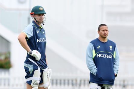 Cameron Green and Usman Khawaja during a nets session at Lord's.