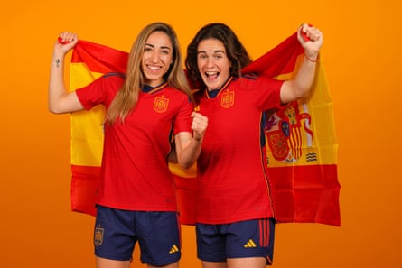 Olga Carmona (left) and Teresa Abelleira pose for a portrait in Madrid before the Nations League semis.