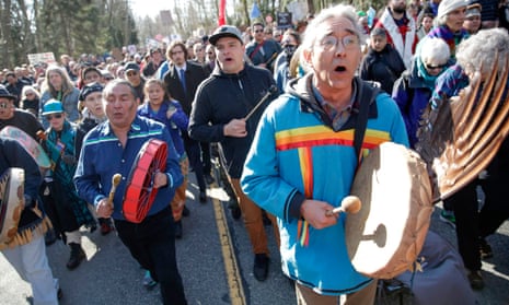 Indigenous leaders and others demonstrate against the expansion of the Kinder Morgans Trans Mountain pipeline project in Burnaby, British Columbia, Canada on 10 March.