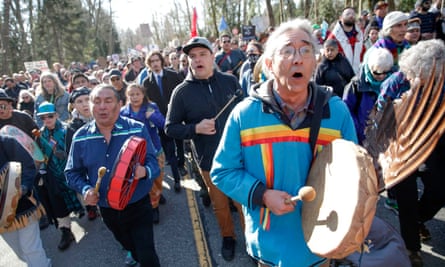 Indigenous leaders, Coast Salish Water Protectors and others demonstrate in Burnaby against the expansion of the pipeline.