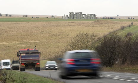 Traffic passing Stonehenge on the A303 in Wiltshire.