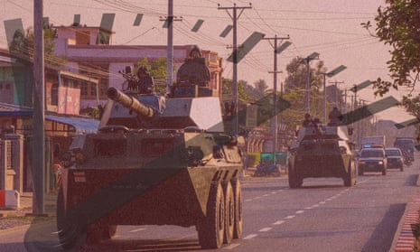 A graphic of a chrome stopwatch at start position over an image of soldiers in military armoured vehicles in Kachin state