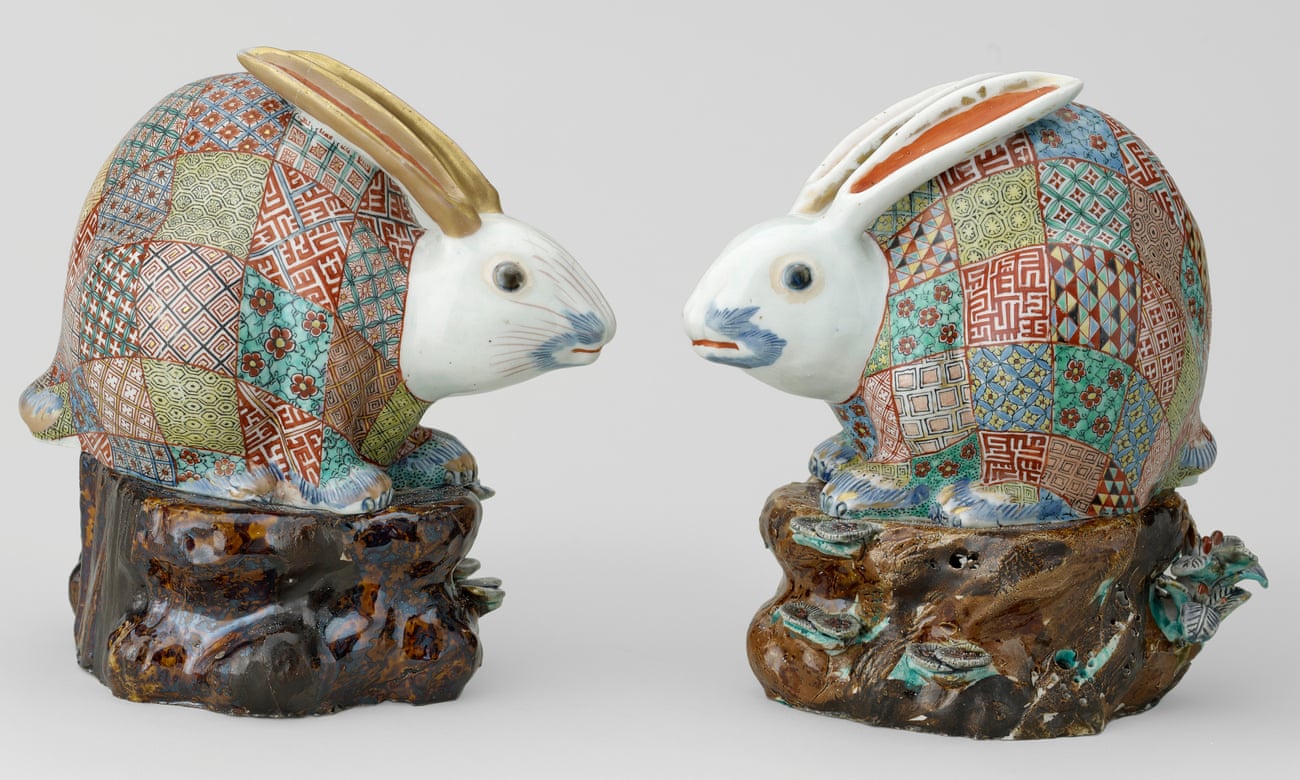 Face to face … a pair of porcelain pastille burners in the form of hares, 1680-1720.