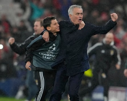 José Mourinho celebrated with the nearest ball boy after Trubin’s goal made it 4-2 against Real Madrid. Now he takes on his former club again for a place in the last 16.
