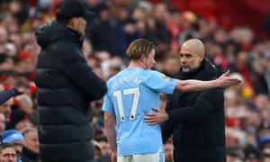 Manchester City's Kevin De Bruyne reacts towards manager Pep Guardiola after being substituted