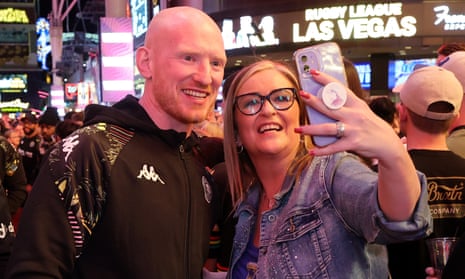 Liam Farrell of the Wigan Warriors greets spectators during a fan event in Las Vegas.