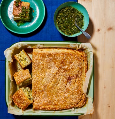 Potato slab pie with salsa verde