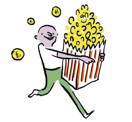 Illustration of a man holding a box of popcorn, some flying out behind him, with pound signs in it