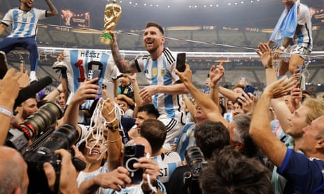 Lionel Messi is lifted on the shoulders of Sergio Agüero as Argentina win the World Cup in dramatic fashion.