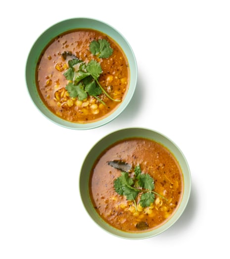 Felicity Cloake's rasam. Two bowls of orange soup.