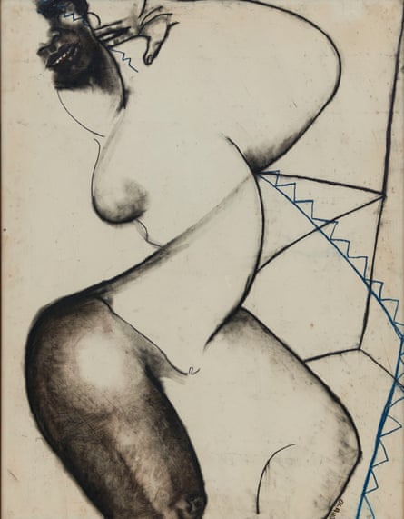 A black and white line drawing pf a woman.