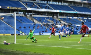 Manchester United’s Marcus Rashford slips the ball into the net but the goal is disallowed upon VAR review.