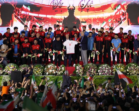 Mehdi Taj (centre) attends a farewell ceremony for the national team in Tehran on Wednesday.