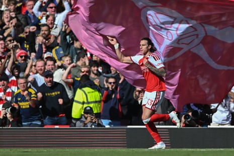 Riccardo Calafiori of Arsenal celebrates scoring their 1-1 equalising goal.