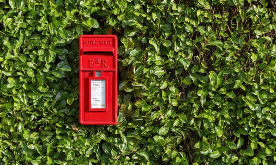 A bright red Royal Mail postbox surrounded by a hedge.