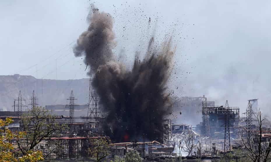 An explosion at the Azovstal steel plant in Mariupol, UKraine.