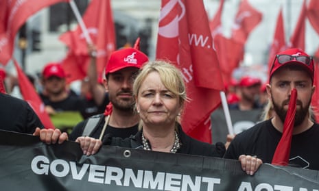 Sharon Graham leads a Unite march to parliament to demand more support for the British steel industry on 28 June 2023.